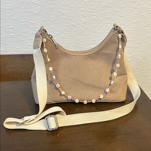 Stylish Tan Shoulder Bag with Floral Strap